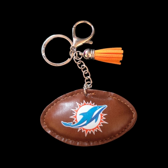 Sparkly Miami Dolphins Football Bag Charm/ Keychain with Orange Tassel - Picture 2 of 3